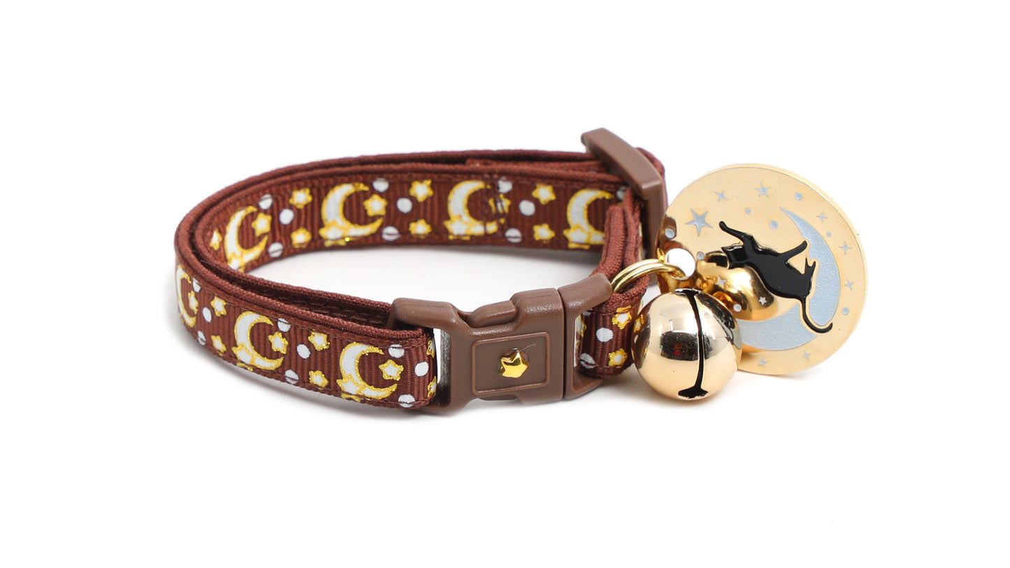 Gold Moons and Stars on Brown Cat Collar