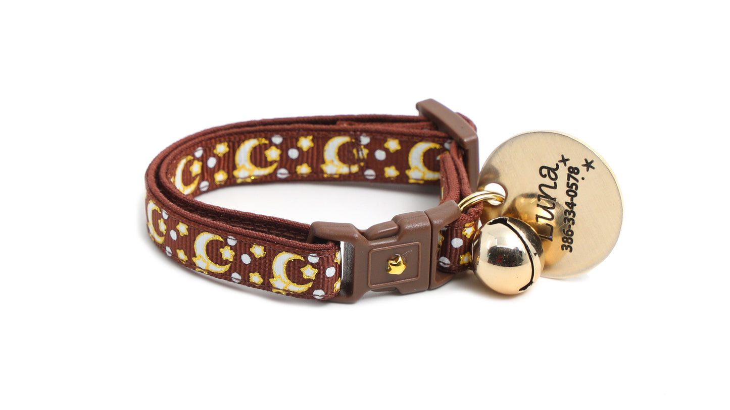 Gold Moons and Stars on Brown Cat Collar